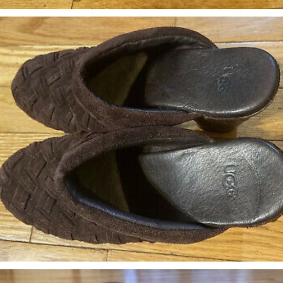 Ugg Womens Brown Woven Leather Clogs Stud Sheepskin Lined Wooden Heel - Picture 5 of 6